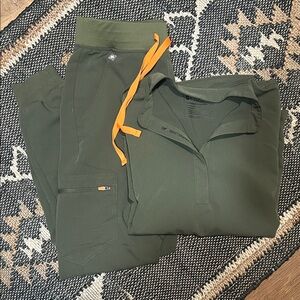 Figs Army Green XXS Top/ XS Joggers with orange ties